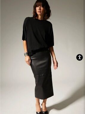Good American Black Leather Midi Skirt - Streamlined Pencil Fit